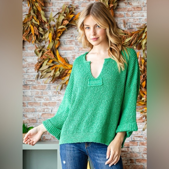 Neck Slit Sweater Top in Green - Picture 2 of 4